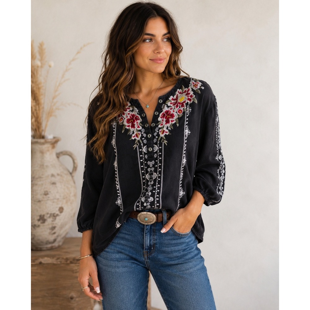 Tru Luxe Jeans Womens Black Embroidered Boho Floral Lyocell Blouse Top Size L